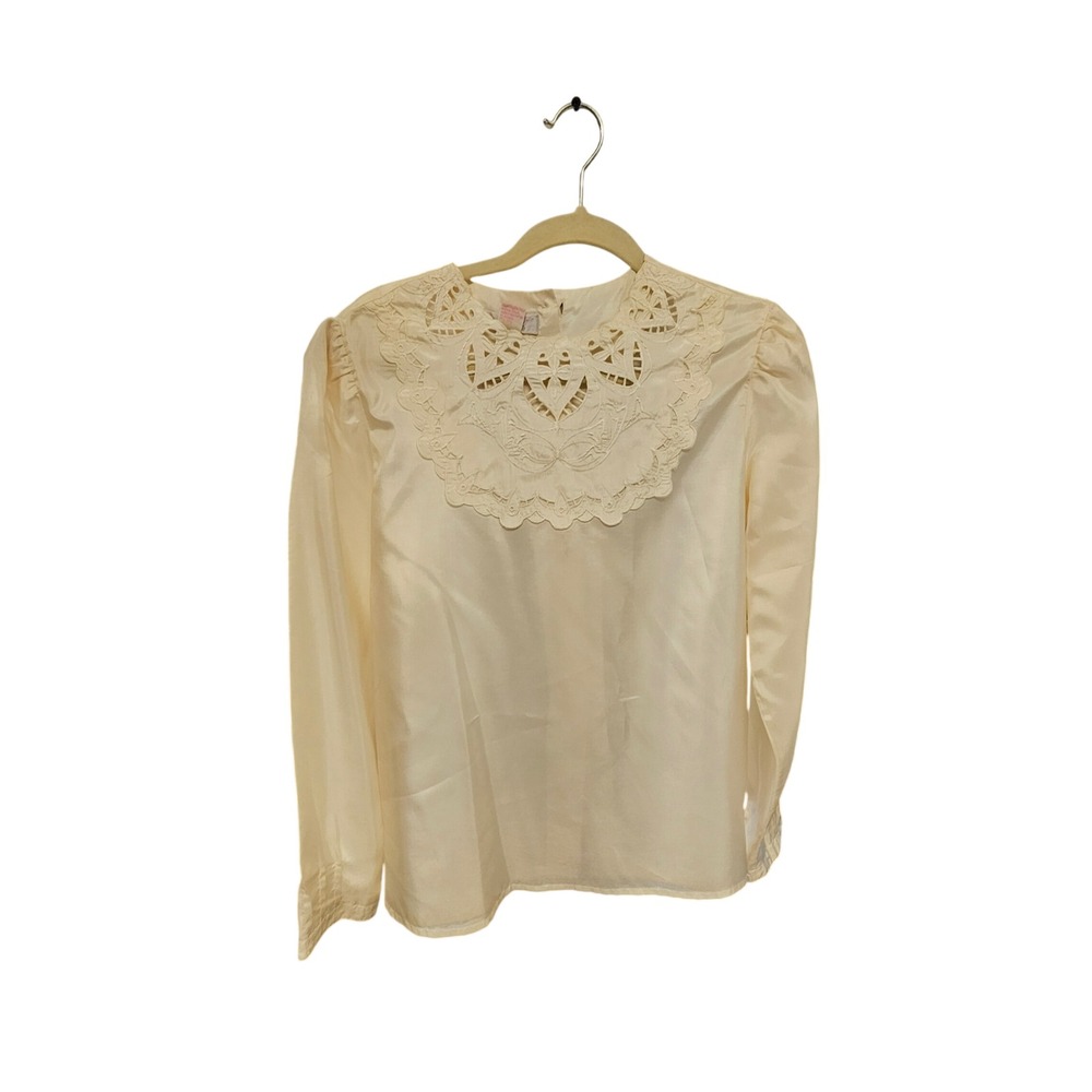 Vintage Lily Cream Satin Lace Bib Blouse Long Sleeve Button Back Ivory Large